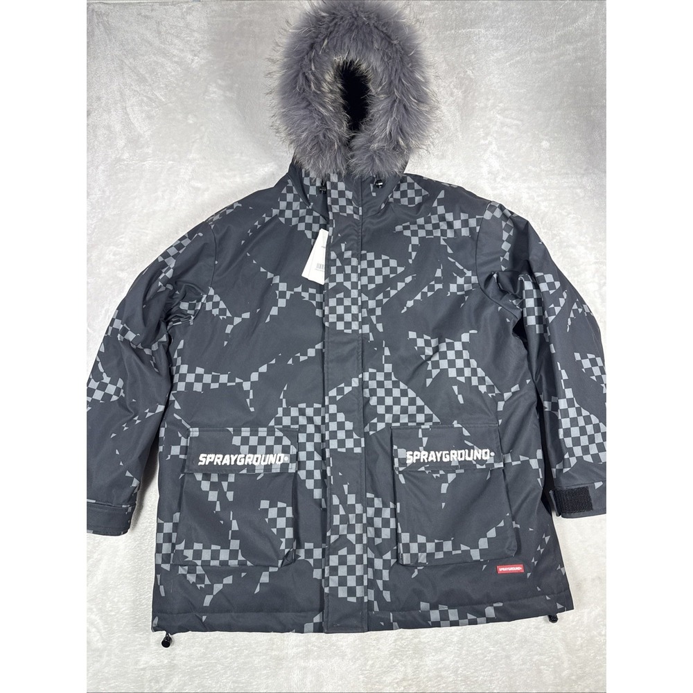 NEW Sprayground Shark Camo Fur Hood Winter Coat Size Large Womens Jacket